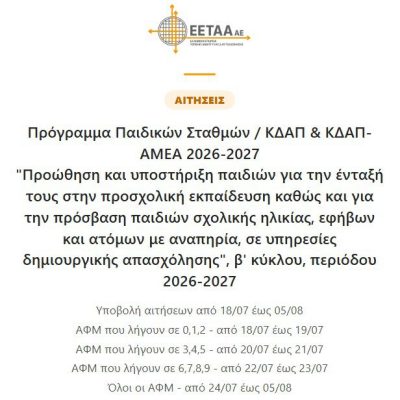 Έναρξη αιτήσεων για voucher ΕΣΠΑ (Σταθμοί, ΚΔΑΠ, ΚΔΑΠ ΑΜΕΑ) 2026-2027